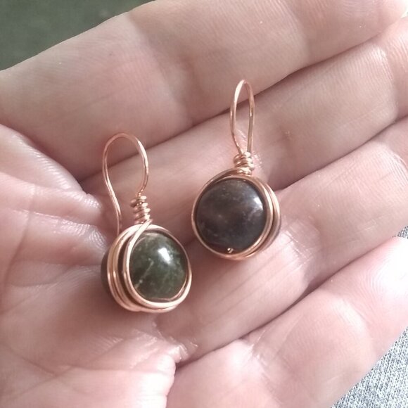 Medium Green-Brown Stone Drop Earrings ~ Rustic & Rugged Elemental Elegance - Picture 5 of 10